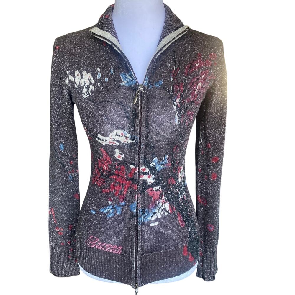 Vintage Guess Y2K Metallic Knit Zip Up Sweater Paint Splatter Shimmer Size Small